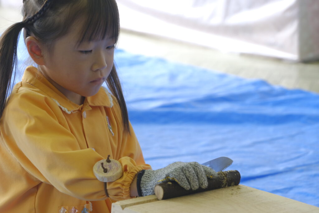 ノコギリで枝をぐるっと切込みを入れます